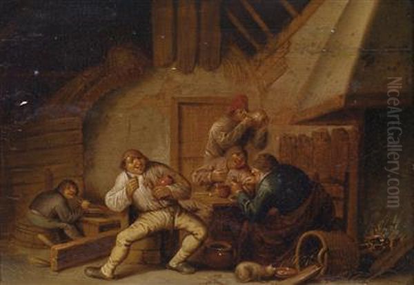 A Tavern Interior With Carousingpeasants Oil Painting by Adriaen Jansz. Van Ostade