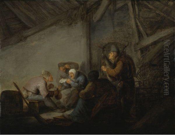 Peasants In A Tavern, Possibly A Depiction Of The Sense Ofhearing Oil Painting by Adriaen Jansz. Van Ostade