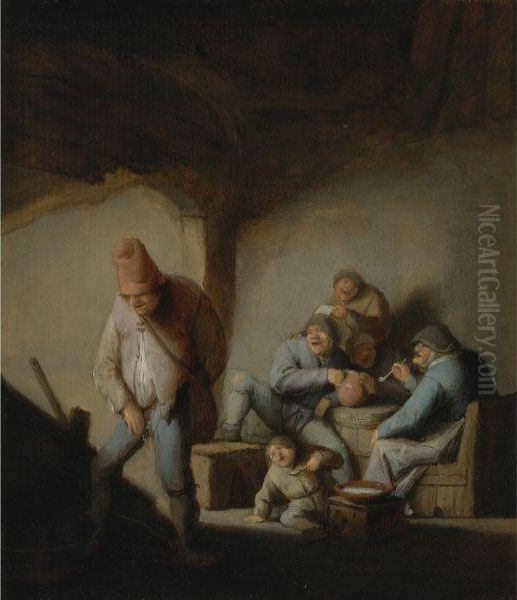 Peasants In The Interior Of An Inn Oil Painting by Adriaen Jansz. Van Ostade