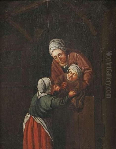 Two Women With A Child At An Entrance Door. Oil Painting by Adriaen Jansz. Van Ostade