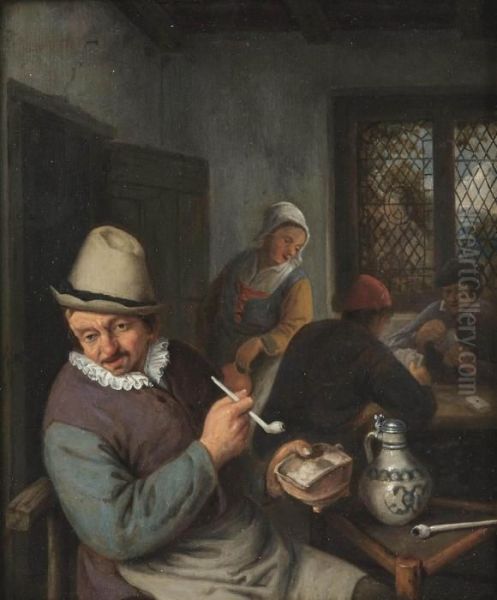 A Tavern Interior With A Peasant Smoking A Pipe And Figures Playingcards Oil Painting by Adriaen Jansz. Van Ostade