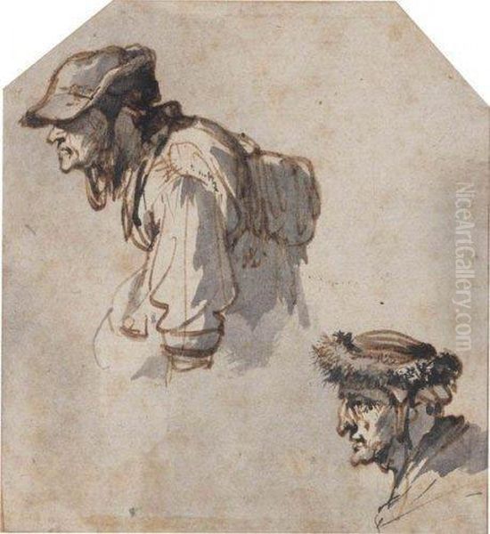 Deux Etudes De Personnages En Buste Portant Des Chapeaux Oil Painting by Adriaen Jansz. Van Ostade