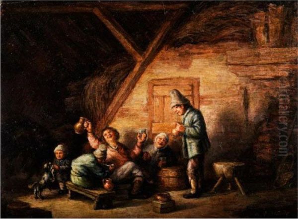 Bauernfamilie In Einer Scheune Um Einfass Sitzend Mit Glasern Und Krugen Oil Painting by Adriaen Jansz. Van Ostade