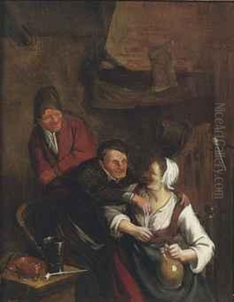 Peasants Making Merry In An Interior Oil Painting by Adriaen Jansz. Van Ostade