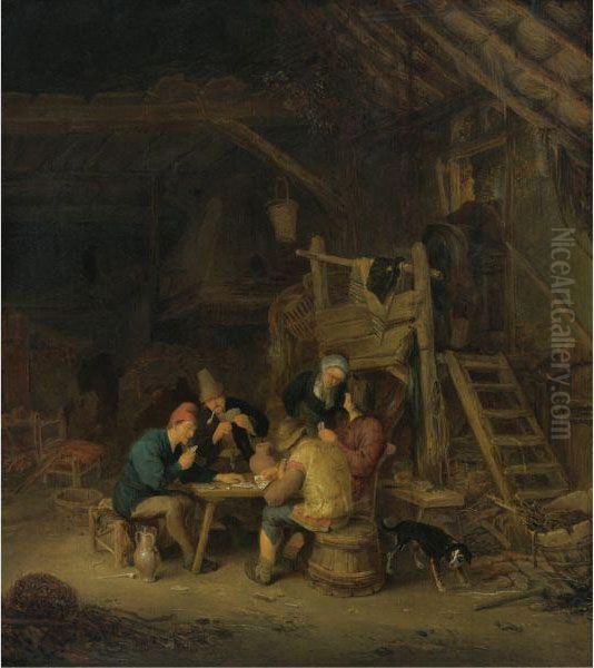 Four Card Players In A Rustic Interior Oil Painting by Adriaen Jansz. Van Ostade