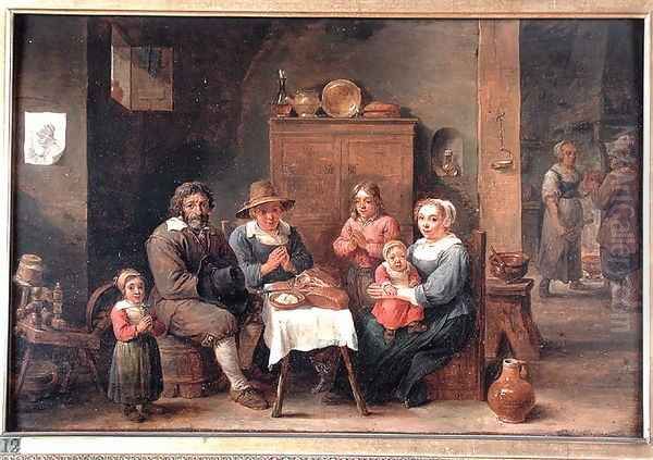 Interior with Figures Saying Grace Oil Painting by David The Younger Teniers