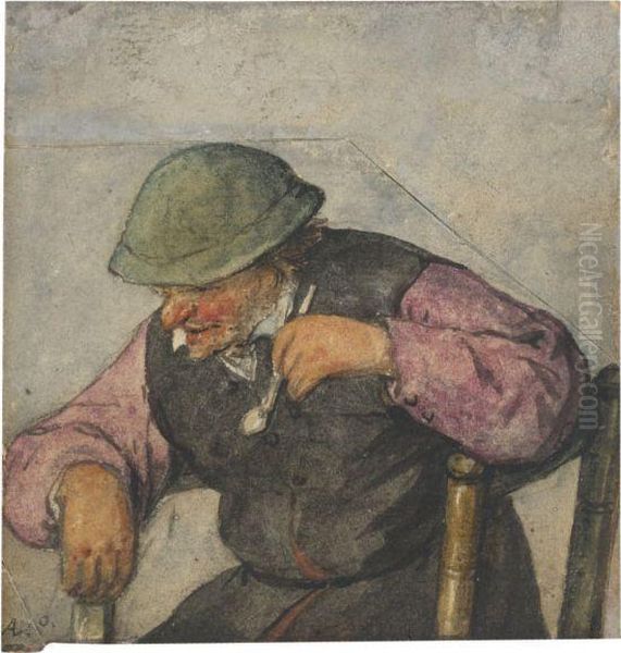 A Seated Man Holding A Pipe Oil Painting by Adriaen Jansz. Van Ostade