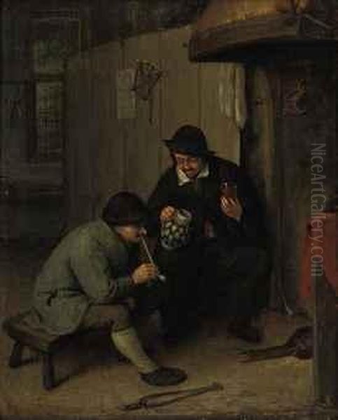 Peasants In An Interior Smoking And Drinking Oil Painting by Adriaen Jansz. Van Ostade