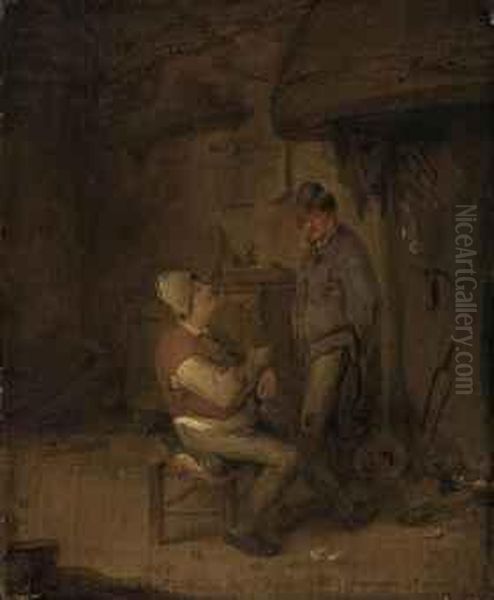 Two Peasants In A Tavern Oil Painting by Adriaen Jansz. Van Ostade