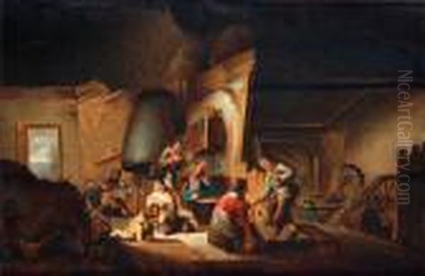 Tavern Interior With Peasants Feasting Oil Painting by Adriaen Jansz. Van Ostade