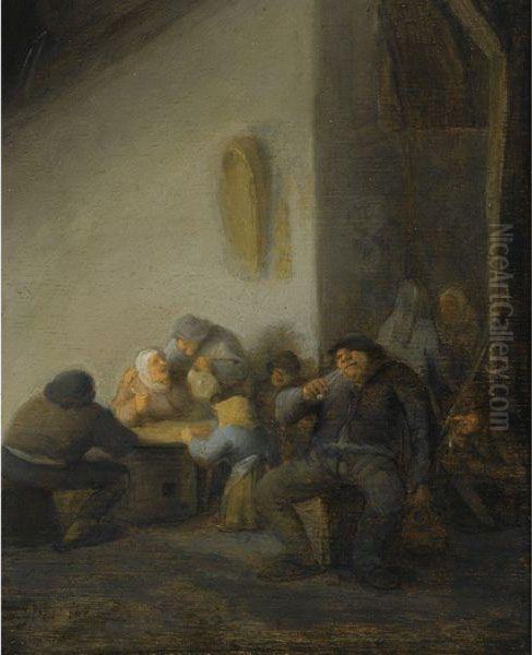 An Interior Of An Inn With Peasants Smoking And Drinking Oil Painting by Adriaen Jansz. Van Ostade