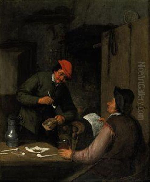 Two Peasants Smoking, Drinking And Reading In An Interior Oil Painting by Adriaen Jansz. Van Ostade