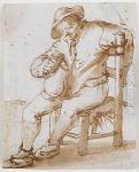 A Seated Peasant Holding A Mug Oil Painting by Adriaen Jansz. Van Ostade