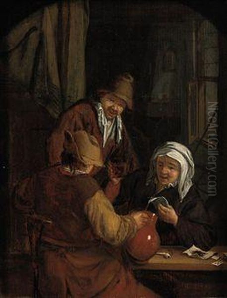 Two Men And A Woman Drinking And Playing Cards In An Inn Oil Painting by Adriaen Jansz. Van Ostade