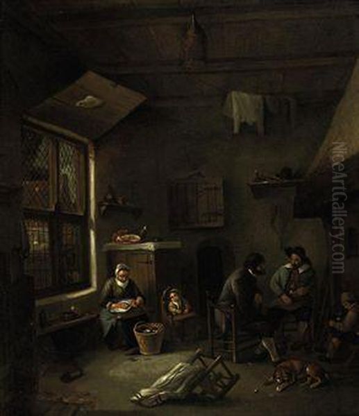 An Interior With A Family By A Fireplace Oil Painting by Adriaen Jansz. Van Ostade