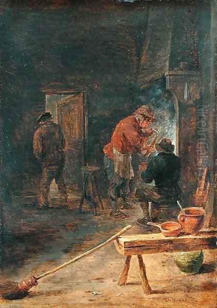 Farmers around a Fireplace Oil Painting by David The Younger Teniers