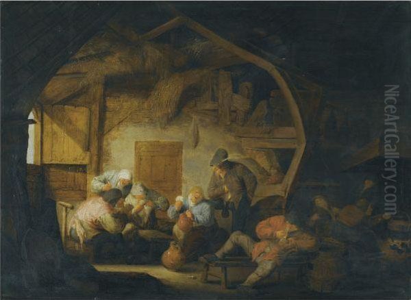 The Interior Of A Barn With Peasants Playing Cards Around Astool Oil Painting by Adriaen Jansz. Van Ostade