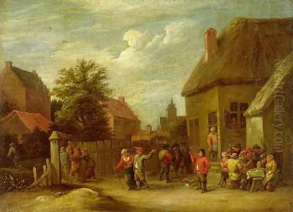 The courtyard of a village inn with a man toasting departing revellers Oil Painting by David The Younger Teniers