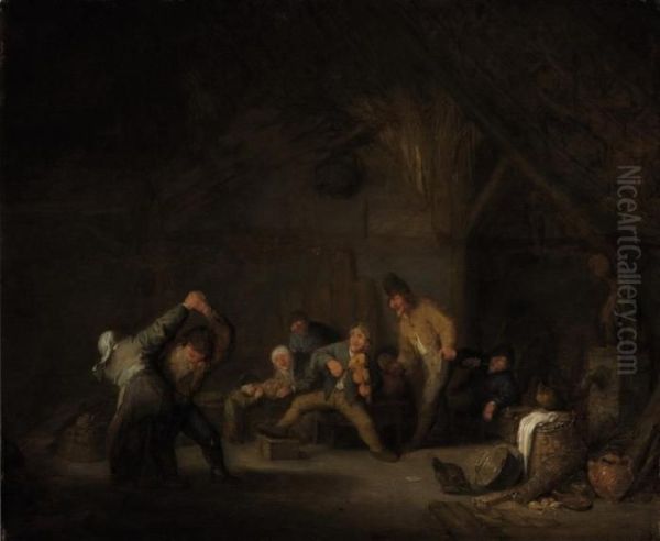 Peasants Making Music And Dancing In A Tavern Oil Painting by Adriaen Jansz. Van Ostade