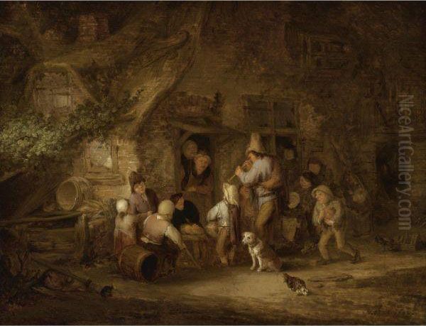 A Man Playing The Shawm At A Rustic Cottage Door Oil Painting by Adriaen Jansz. Van Ostade