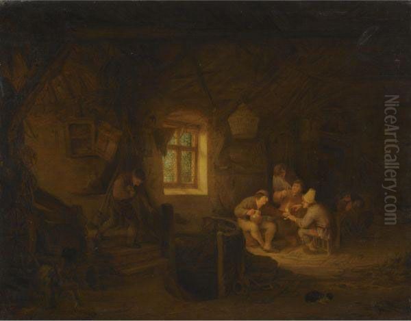 A Tavern Interior With Peasants Drinking Beneath A Window Oil Painting by Adriaen Jansz. Van Ostade