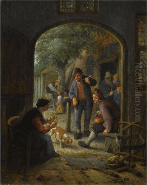 A Spinner Conversing With Two 
Smoking And Drinking Peasants At The Court-yard Of An Inn, Figures And 
Children In The Background Oil Painting by Adriaen Jansz. Van Ostade