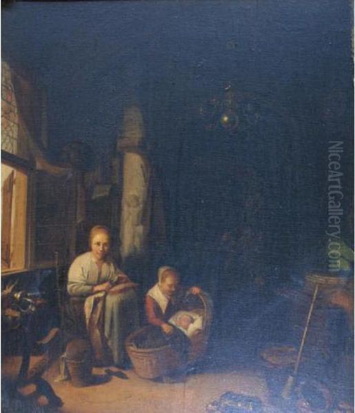 Domestic Interior With A Mother And Two Children Oil Painting by Adriaen Jansz. Van Ostade