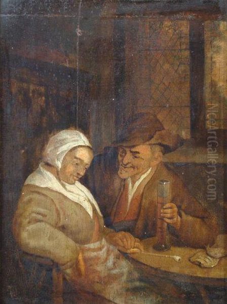 An Interior Of A Tavern With A Couple Seated At A Table Oil Painting by Adriaen Jansz. Van Ostade