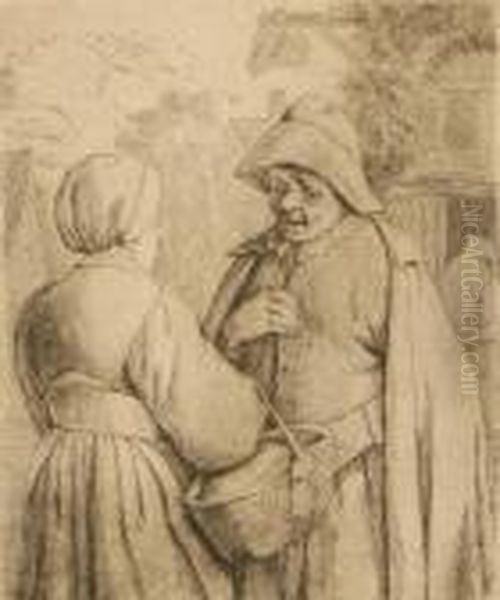 Man And Woman Conversing Oil Painting by Adriaen Jansz. Van Ostade