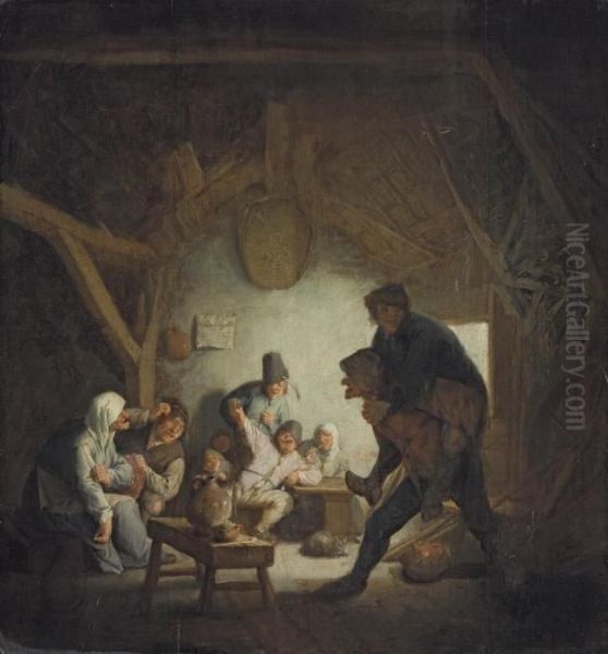 Boors Carousing In An Inn Oil Painting by Adriaen Jansz. Van Ostade