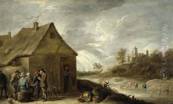 Inn by a River Oil Painting by David The Younger Teniers