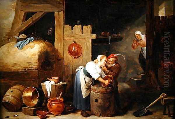 Interior scene with a young woman scrubbing pots while an old man makes advances, c.1644-45 Oil Painting by David The Younger Teniers