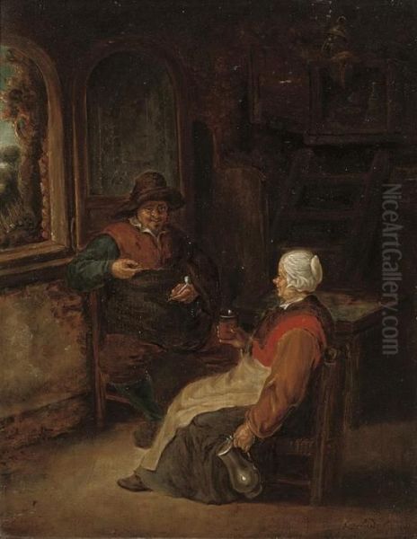 An Old Couple Drinking And Smoking In An Interior Oil Painting by Adriaen Jansz. Van Ostade