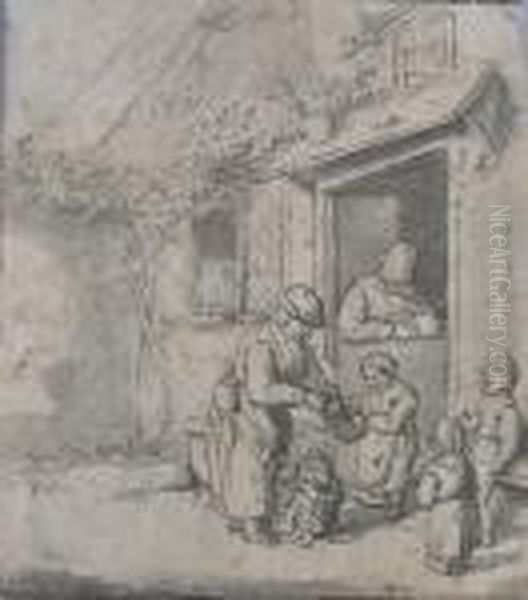 Peasant Family At A Cottage Door Bears Monogram,
Pen And Black Ink With Grey Wash Oil Painting by Adriaen Jansz. Van Ostade