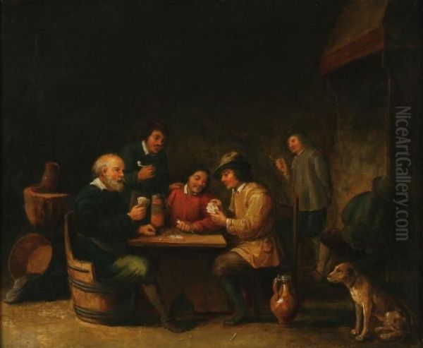 A Company Playingcards In A 17th Century Tavern by Adriaen Jansz. Van Ostade