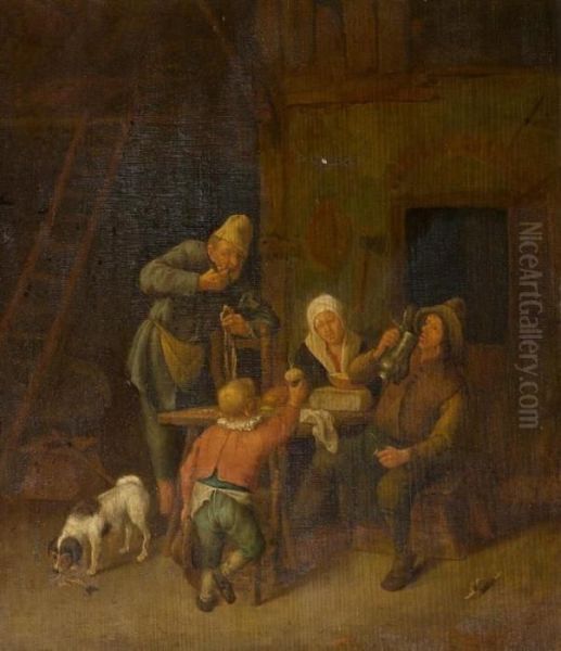 Farmhouse Room Oil Painting by Adriaen Jansz. Van Ostade