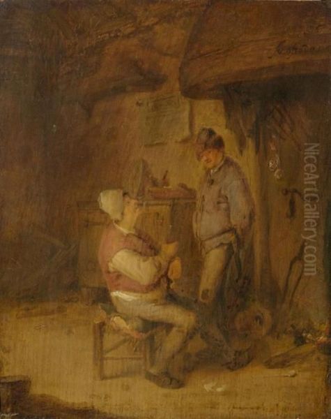 Two Men Conversing At The Fireside. 16(4)2 Oil Painting by Adriaen Jansz. Van Ostade