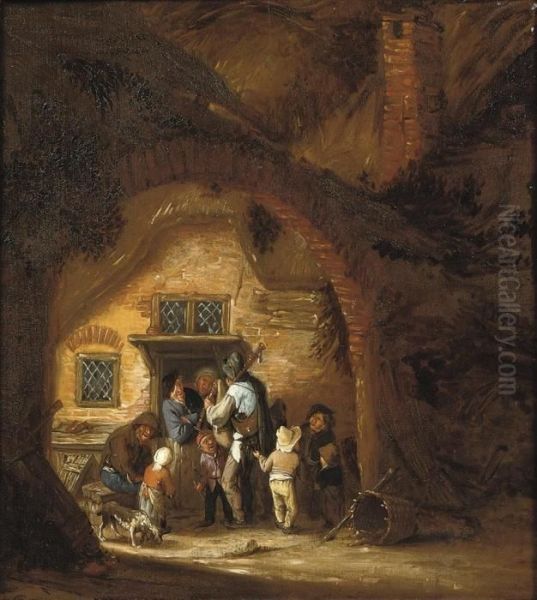 A Piper Playing Outside A Cottage With Children Gathered Aroundhim Oil Painting by Adriaen Jansz. Van Ostade