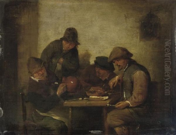 Peasants Smoking And Drinking In An Interior Oil Painting by Adriaen Jansz. Van Ostade