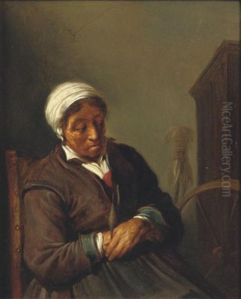 An Old Woman At A Spinning Wheel Oil Painting by Adriaen Jansz. Van Ostade