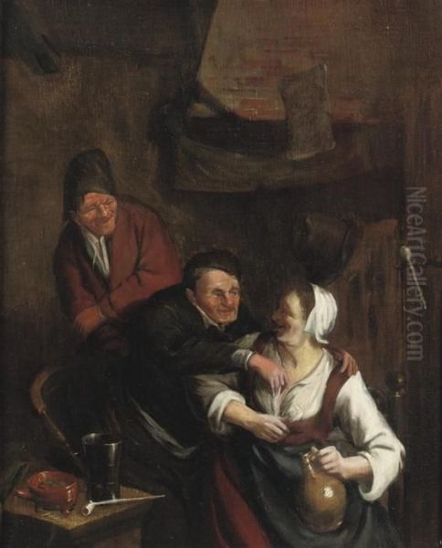 Peasants Merry Making In An Interior Oil Painting by Adriaen Jansz. Van Ostade