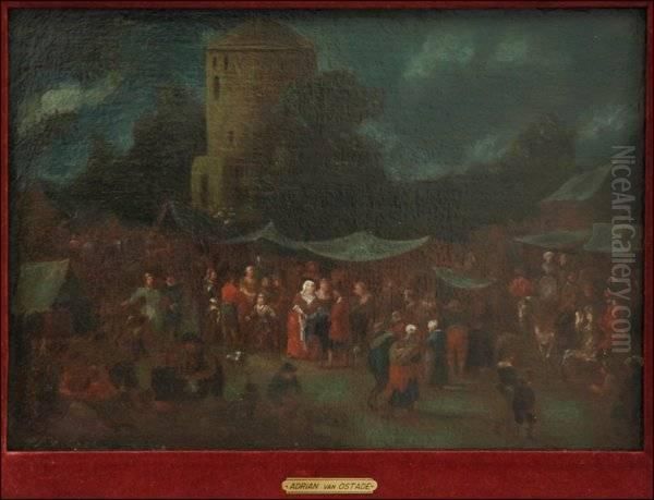 [style Of] Market Day Revelry Oil Painting by Adriaen Jansz. Van Ostade