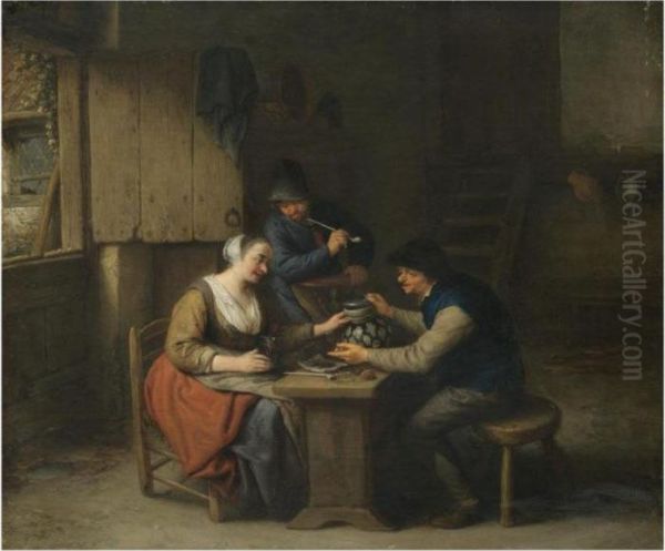 A Tavern Interior With Two Boors
 Seated At A Table Drinking, Athird Standing Behind Smoking A Pipe Oil Painting by Adriaen Jansz. Van Ostade