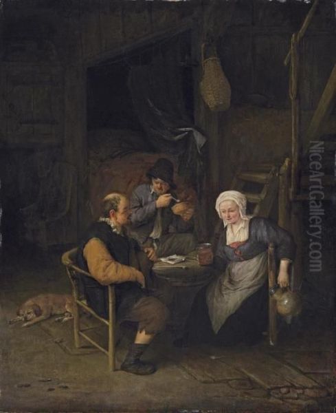 An Interior With Two Boors And A Woman Conversing, Smoking Anddrinking At A Table Oil Painting by Adriaen Jansz. Van Ostade