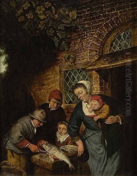 Figures Outside An Inn Oil Painting by Adriaen Jansz. Van Ostade