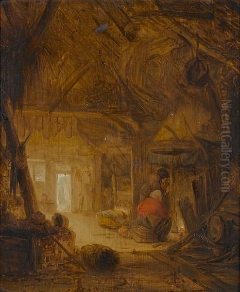 A Barn Interior With Figures By A Fireplace Oil Painting by Adriaen Jansz. Van Ostade