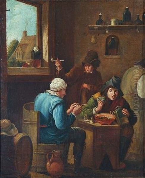 A Tavern Interior With Peasants Smoking Around A A Table Oil Painting by Adriaen Jansz. Van Ostade