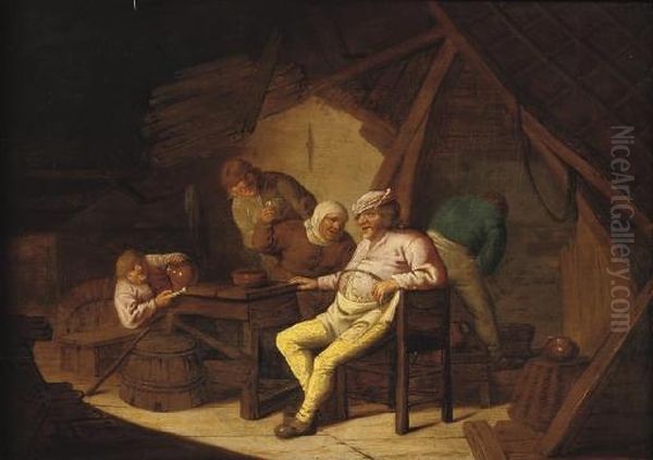 Peasants Smoking And Drinking In A Barn Oil Painting by Adriaen Jansz. Van Ostade