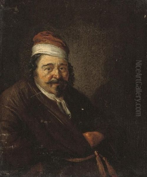 Portrait Of A Man, Half-length, In A Brown Gown And A Red Cap With White Trim Oil Painting by Adriaen Jansz. Van Ostade