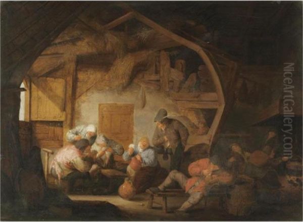 The Interior Of A Barn With Peasants Playing Cards Around A Stool Oil Painting by Adriaen Jansz. Van Ostade